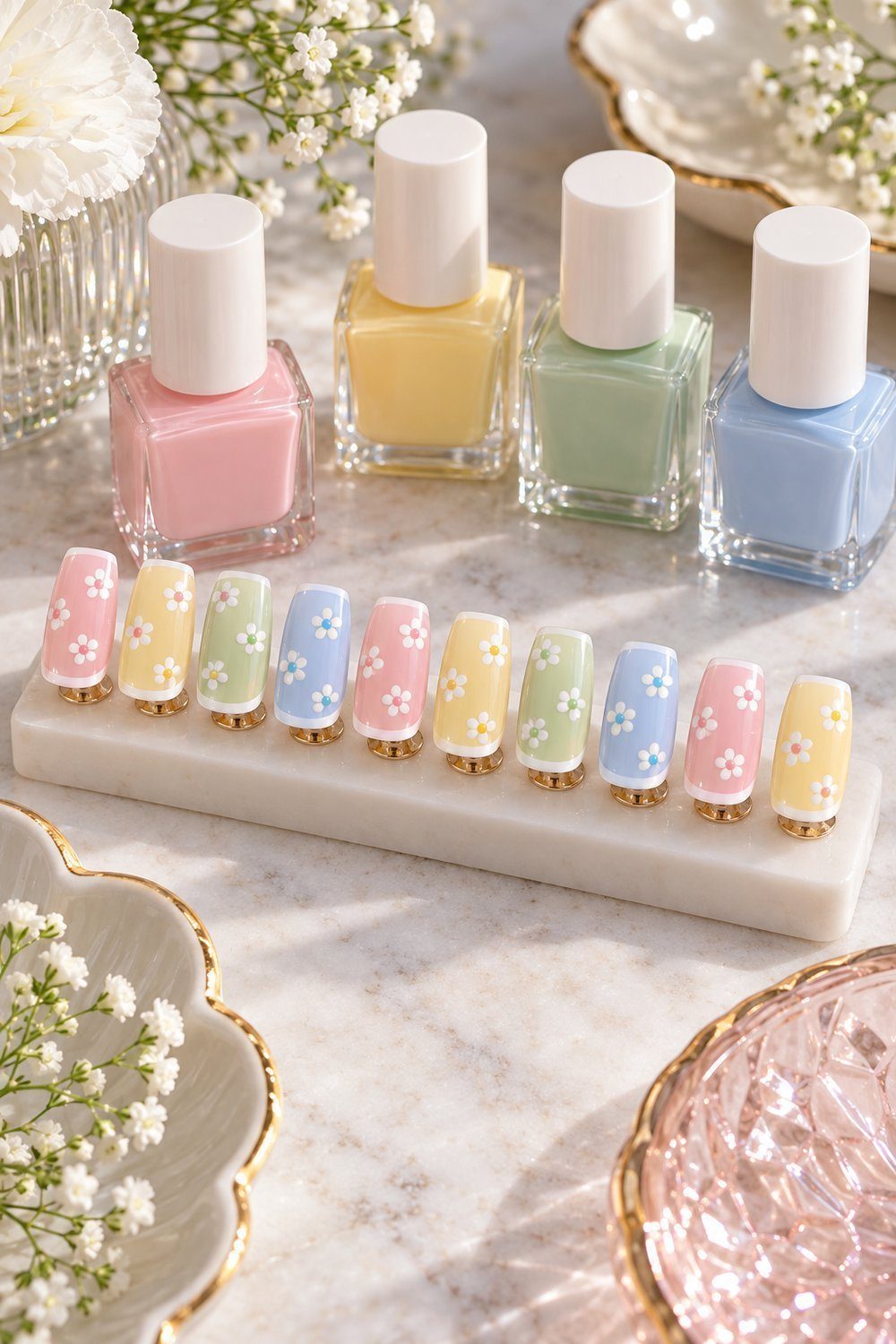 Unhas médias quadradas em tons pastel com flores brancas e pontas finas