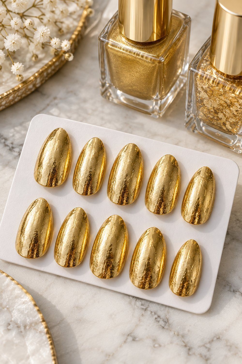 Unhas amendoadas com cobertura inteira de foil dourado e brilho metálico