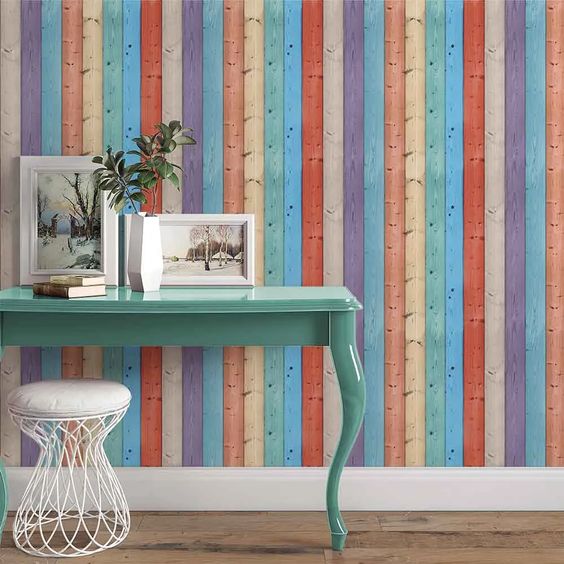 papel parede sala madeira colorido
