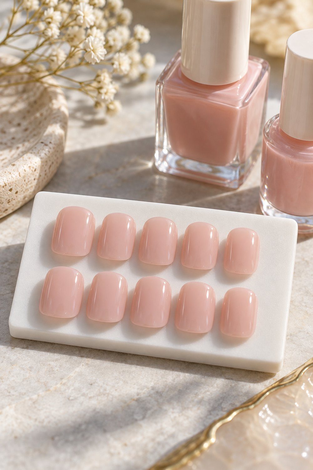 Unhas curtas quadradas com cantos suaves e esmalte rosa translúcido brilhante