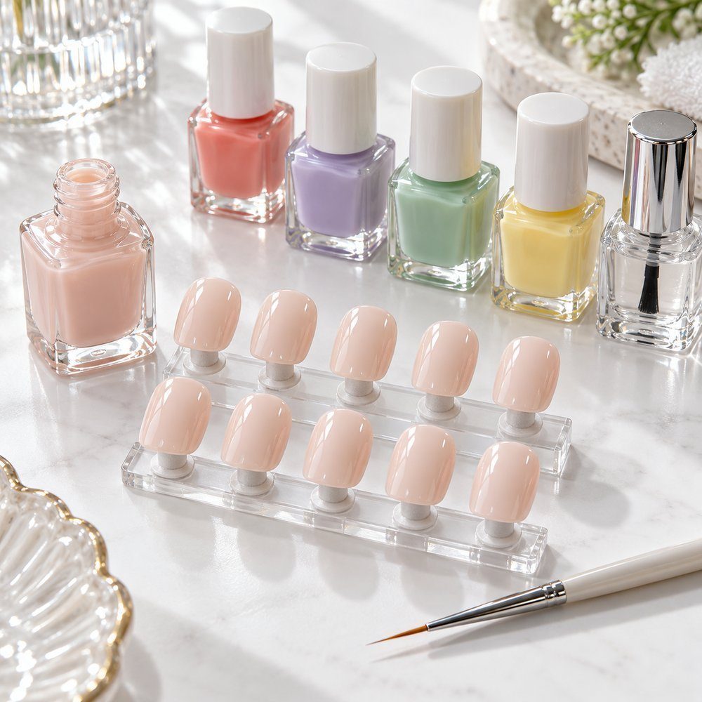 Dez unhas postiças curtas com base nude leitosa recém-aplicada no suporte