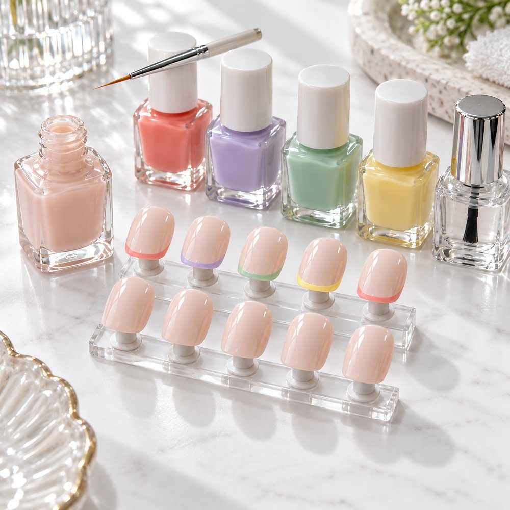 Metade das unhas com pontas coloridas em coral, lilás, menta e amarelo