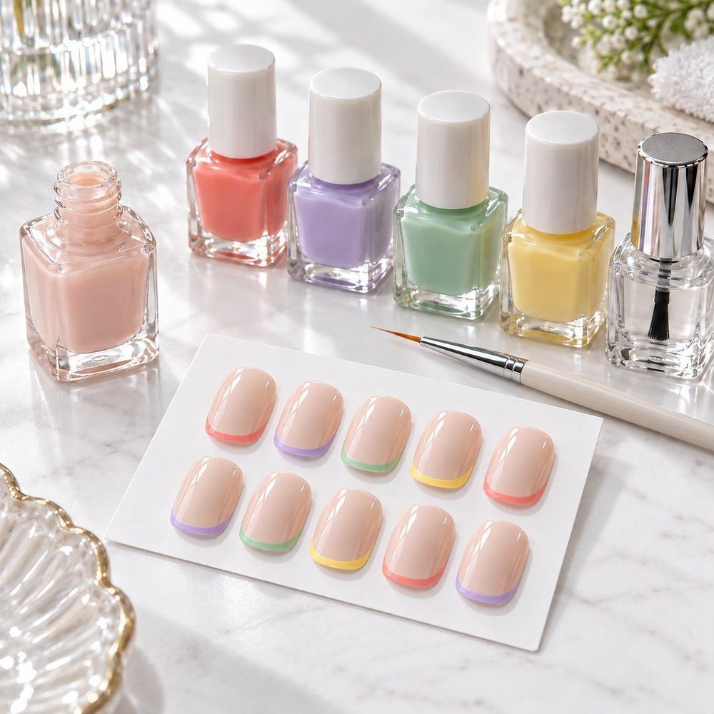 Francesinha colorida pronta em dez unhas curtas com top coat brilhante
